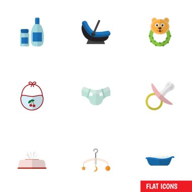 Düz simge çocuk krem losyon, önlük, Rattle ve diğer vektör nesneleri kümesi. Ayrıca Bib, beşik, meme ucu öğeleri içerir.