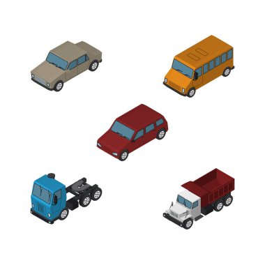 İzometrik araba nakliye, kamyon, araba ve diğer vektör nesneleri kümesi. Araba, kamyon, navlun öğeleri de içerir.