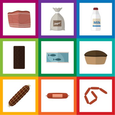 Düz simgesi yemek Kielbasa, konfeksiyon, çuval ve diğer vektör nesneleri kümesi. Ayrıca sığır eti, içerir lezzetli, konserve öğeleri.