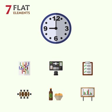 Cips, Toplantı odası, beyaz tahta ve diğer vektör nesneleri ile bira düz simgesi yaşam biçimi ayarlayın. Ayrıca saat, cips, bira öğeleri içerir.