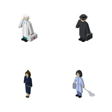 İzometrik kişi Dedektif, hizmetçi, iş kadını ve diğer vektör nesneleri kümesi. Ayrıca işçi, hizmetçi, Bayan unsurları içerir.