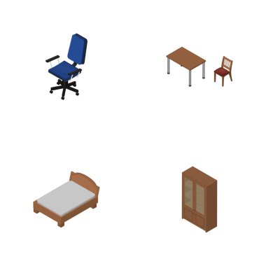 İzometrik mobilya dolap, karyola, Office ve diğer vektör nesneleri kümesi. Ayrıca mobilya, dolap, koltuk öğeleri içerir.