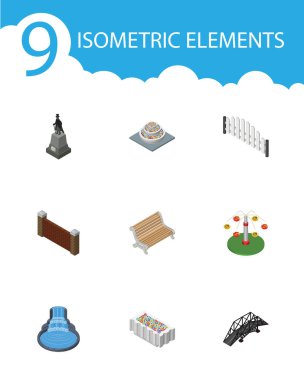 İzometrik mimari bahçe dekor, çiçek dekorasyon, bitkiler ve diğer vektör nesneleri kümesi. Heykel, köprü, tuğla öğeleri de içerir.