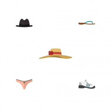 Düz simgesi elbise dizi plaj sandalet, spor ayakkabı, iç çamaşırı vektör nesneleri. Aynı zamanda kadın iç çamaşırı, Flop unsurları içerir.