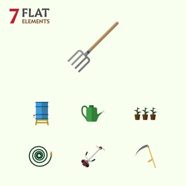 Düz kutsal kişilerin resmi Bahçe Bauer, Hosepipe, konteyner ve diğer vektör nesneleri kümesi. Ayrıca sulama, konteyner, tırpan öğeleri içerir.