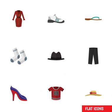Düz simge kıyafetleri Panama, şık şapkalar, ayak Tekstil ve diğer vektör nesneleri ayarlayın. Ayrıca bluz, ayak, fiske vurmak unsurları içerir.