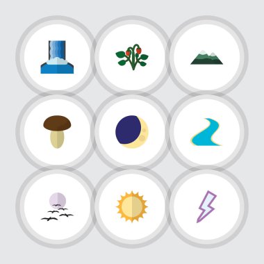 Düz simgesi doğa kümesi Berry, Champignon, kolu ve diğer vektör nesneleri. Ayrıca kuş, içerir Champignon, Moon öğeleri.