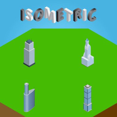 İzometrik inşaat bina, daire, kule ve diğer vektör nesneleri kümesi. Ayrıca daire, gökdelen, kule unsurları içerir.
