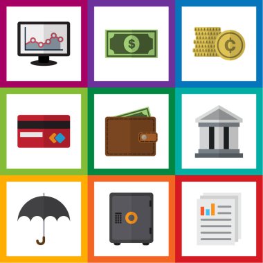Düz simgesi gelen para, banka, belge ve diğer vektör nesneleri ayarlayın. Ayrıca Beach, şemsiye, yapı elemanları içerir.