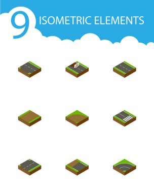 İzometrik yol onarım, aşağı, yukarı ve diğer vektör nesneleri kümesi. Ayrıca kum, patika, yapı elemanları içerir.