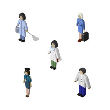 Hostes, polis, erkek ve diğer vektör nesneleri izometrik insan kümesi. Ayrıca hemşire, erkek, hostes öğeleri içerir.