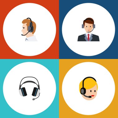 Düz simge arama seti kulaklık, telefonla satış, telefon hattı ve diğer vektör nesneleri. Ayrıca çağrı, insan, telefonla satış elemanları içerir.