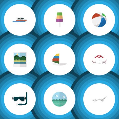 Düz simgesi Beach tüplü dalış, RECLINER, şezlong ve diğer vektör nesneleri kümesi. Ayrıca topu, Chaise, Küre unsurları içerir.