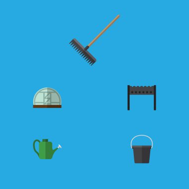 Düz kutsal kişilerin resmi Bahçe Barbekü, kova, sera ve diğer vektör nesneleri kümesi. Ayrıca çiftlik, komisyon, sulama unsurları içerir.