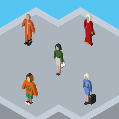 İzometrik kişi süpürge, Bayan, pedagog ve diğer vektör nesneleri kümesi. Ayrıca kız, hostes, eğitimci öğeleri içerir.