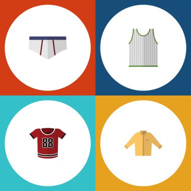 Düz simgesi elbise çamaşır grupları, T-Shirt, Banyan ve diğer vektör nesneleri kümesi. Ayrıca bluz, çamaşır grupları, tek biçimli öğeler içerir.