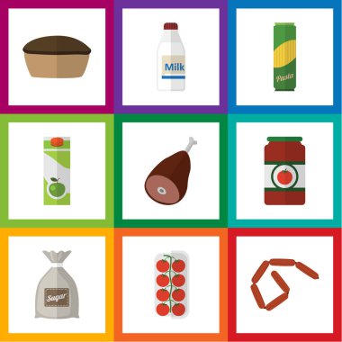 Düz simgesi şişe, çuval, domates ve diğer vektör nesneleri kümesi yeme. Ayrıca çanta, domates, makarna öğeleri içerir.