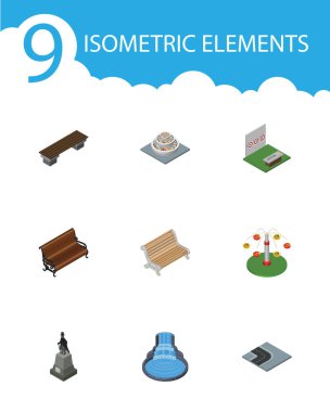 İzometrik şehir bahçe dekor, tezgah, heykel ve diğer vektör nesneleri kümesi. Ayrıca heykel, anıt, şelale öğeleri içerir.