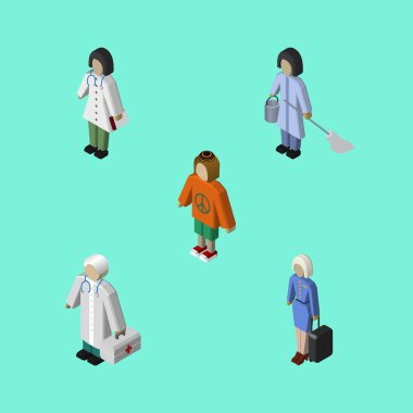 Hostes hizmetçi, Bayan ve diğer vektör nesnelerini izometrik insan kümesi. Ayrıca Bayan, temizlikçi, Medic öğeleri içerir.