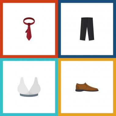 Düz simgesi elbise Brasserie, pantolon, Cravat ve diğer vektör nesneleri kümesi. Ayrıca Bra, meme, Footware öğeler içerir.