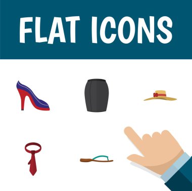Düz simgesi giysi topuklu ayakkabı, şık giyim ve plaj sandalet vektör nesneleri kümesi. Ayrıca kravat, şapka, kadın öğeleri içerir.