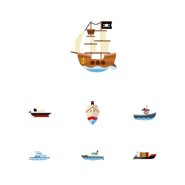 Conjunto de barcos de iconos planos de barco, entrega, buque y otros objetos vectoriales. También incluye pirata, petrolero, elementos de yate . — Vector de stock