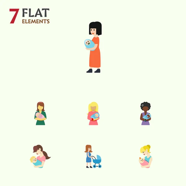 Flat ikonen mor uppsättning Baby, barnvagn, överordnade och andra vektorobjekt. Även inkluderar barn, mor, Mam element. — Stock vektor