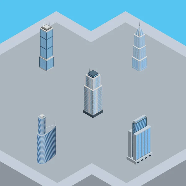 Isometrisches Bauset aus Stadt-, Turm-, Wohnungs- und anderen Vektorobjekten. umfasst auch Turm, Gebäude, Außenelemente. — Stockvektor