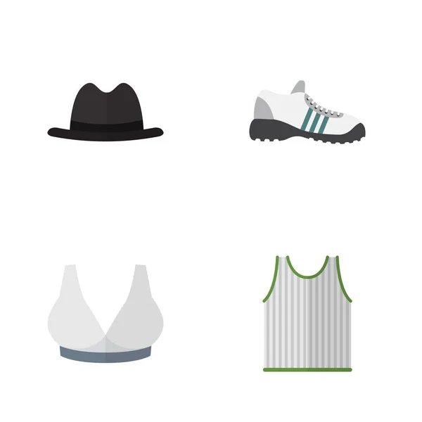 Flache Symbolkleidung Set aus Turnschuhen, Singlet, Panama und anderen Vektorobjekten. umfasst auch Hut, ärmellose, Brust-Elemente. — Stockvektor