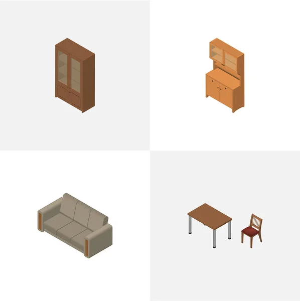 Isometrisk inredning soffa, skåp, skåp och andra vektorobjekt. Innehåller även bord, skåp, möbler element. — Stock vektor