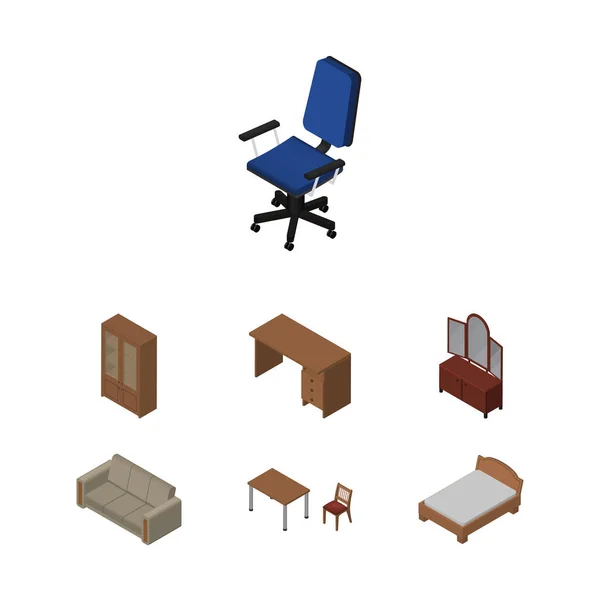 Isometrisches Möbelset aus Sofa, Bettgestell, Stuhl und anderen Vektorobjekten. umfasst auch Sessel, Stuhl, Couch-Elemente. — Stockvektor