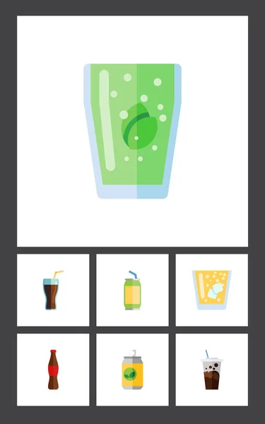 Flache Symbol Getränkeset aus Getränken, Tassen, kohlensäurehaltigen und anderen Vektorobjekten. enthält auch Schampus, Soda, Cola-Elemente. — Stockvektor
