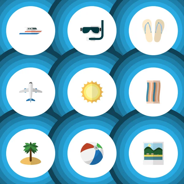 Icona piatta Beach Set di sandali da spiaggia, sole, aerei oggetti vettoriali. Include anche palla, palmo, elementi rotondi . — Vettoriale Stock
