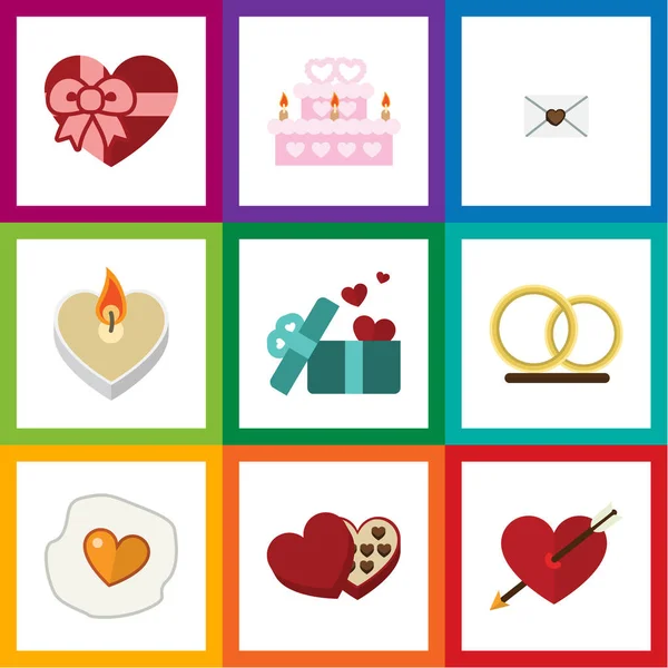 Set d'amour d'icône plate de pâtisserie, cadeau, objets vectoriels brouillés et autres. Comprend également flèche, anneau, éléments de boîte . — Image vectorielle