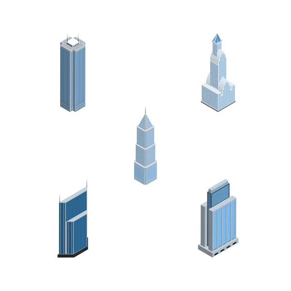 Set de rascacielos isométricos de exterior, paisaje urbano, rascacielos y otros objetos vectoriales. También incluye Exterior, Rascacielos, Elementos del centro . — Archivo Imágenes Vectoriales