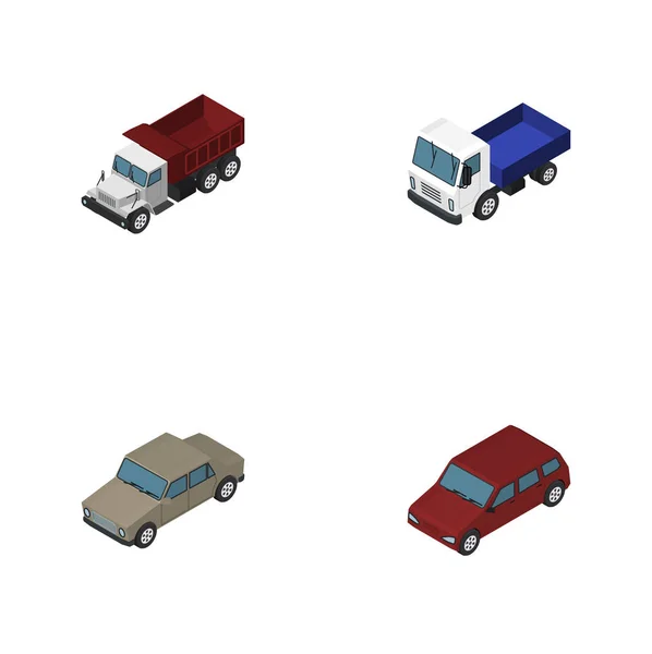 Conjunto de transporte isométrico de mercancías, automóviles, camiones y otros objetos vectoriales. También incluye sedán, coche, elementos de accionamiento . — Vector de stock