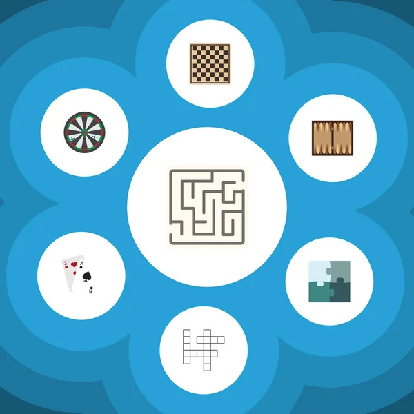 Icono plano de entretenimiento conjunto de flecha, mesa de ajedrez, as y otros objetos vectoriales. También incluye cartas, enigma, elementos de rompecabezas . — Archivo Imágenes Vectoriales