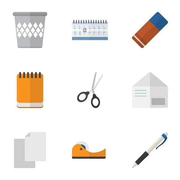 Icono plano conjunto de herramientas de caucho, Clippers, hojas y otros objetos vectoriales. También incluye Almanaque, sobre, elementos de papelera . — Vector de stock
