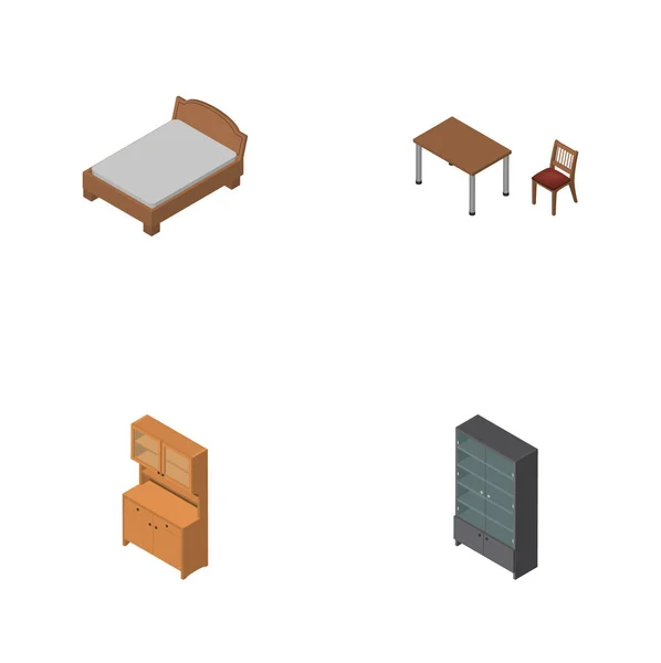 Isometrisches Möbelset aus Sideboard, Stuhl, Bettgestell und anderen Vektorobjekten. umfasst auch Bettgestell, Schrank, Schrankelemente. — Stockvektor