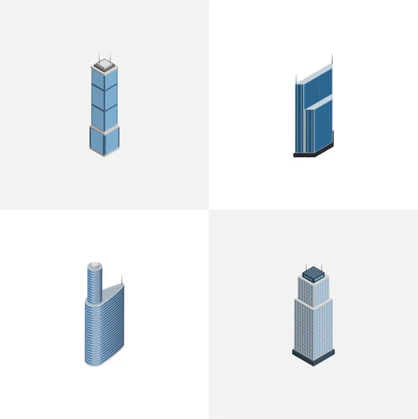 Izometryczne wieżowiec zestaw mieszkania, budynku, Wieża i inne obiekty wektorowe. Zawiera także wieżowiec, wieża, elementy zewnętrzne. — Wektor stockowy
