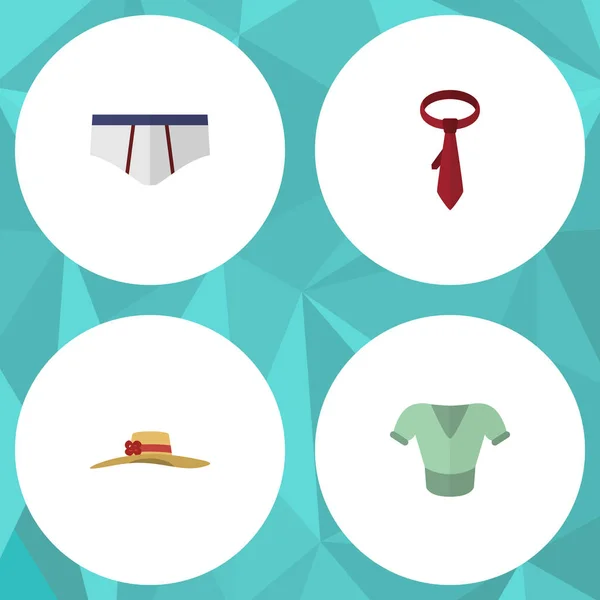 Düz simgesi giysi kümesi Cravat, çamaşır grupları, şık şapkalar ve diğer vektör nesneleri. Ayrıca şapka, iç çamaşırı, kravat unsurları içerir. — Stok Vektör