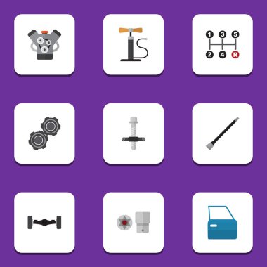 Düz simgesi hizmet kümesi çarkı pompa, boru hattı, kemer ve diğer vektör nesneleri. Eksen, Coupler, tekerlek öğeleri de içerir.