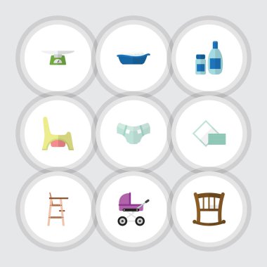 Düz simgesi bebek çocuk ölçekler, krem losyon, tuvalet ve diğer vektör nesneleri kümesi. Ayrıca küvet, kozmetik, Nappy öğeleri içerir.
