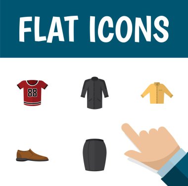 Banyan, şık giyim, üniforma ve diğer vektör nesnelerini düz simge kıyafet seti. Adam, bluz, giyim öğeleri de içerir.