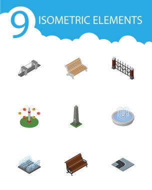 İzometrik mimari çit, Swing cazibe, Park dekorasyon ve diğer vektör nesneleri kümesi. Ayrıca anıt, Park, yol öğeleri içerir.