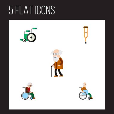 Düz simgesi özürlü donatımın, özürlü adam, tekerlekli sandalye vektör nesnelerini ayarlayın. Ayrıca tekerlekli sandalye, adam, eski öğeleri içerir.