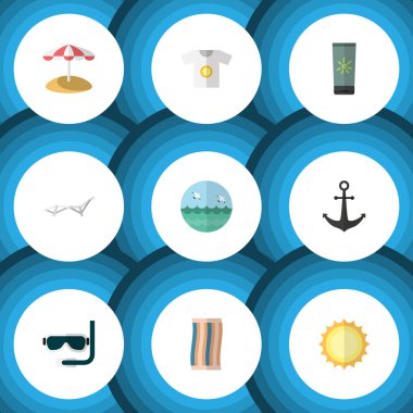 Düz simgesi yaz gemi kanca, güneş, şezlong ve diğer vektör nesnelerini ayarlayın. Ayrıca kuş, şemsiye, Dalış unsurları içerir.