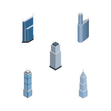 İzometrik gökdelen daire, dış, Bina ve diğer vektör nesneleri kümesi. Ayrıca bina, dış, Cityscape öğeleri içerir.