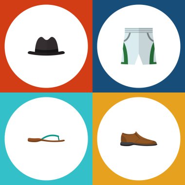 Düz simgesi elbise plaj sandalet, Panama, erkek Footware vektör nesnelerini ayarlayın. Ayrıca adam, Footware, Sandal öğeleri içerir.