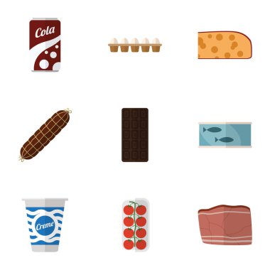 Domates, yoğurt, teneke ton balığı ve diğer vektör nesneleri kümesi yemek düz simgesi. Ayrıca balık, ton balığı, sığır eti öğeleri içerir.